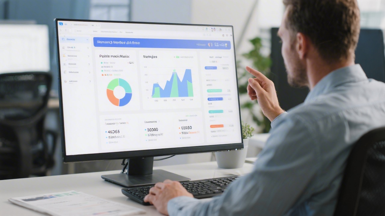 Specialist configuring Google Ads campaign on desktop, showing keyword planner, conversion settings, and budget allocation on dual monitors with neutral lighting