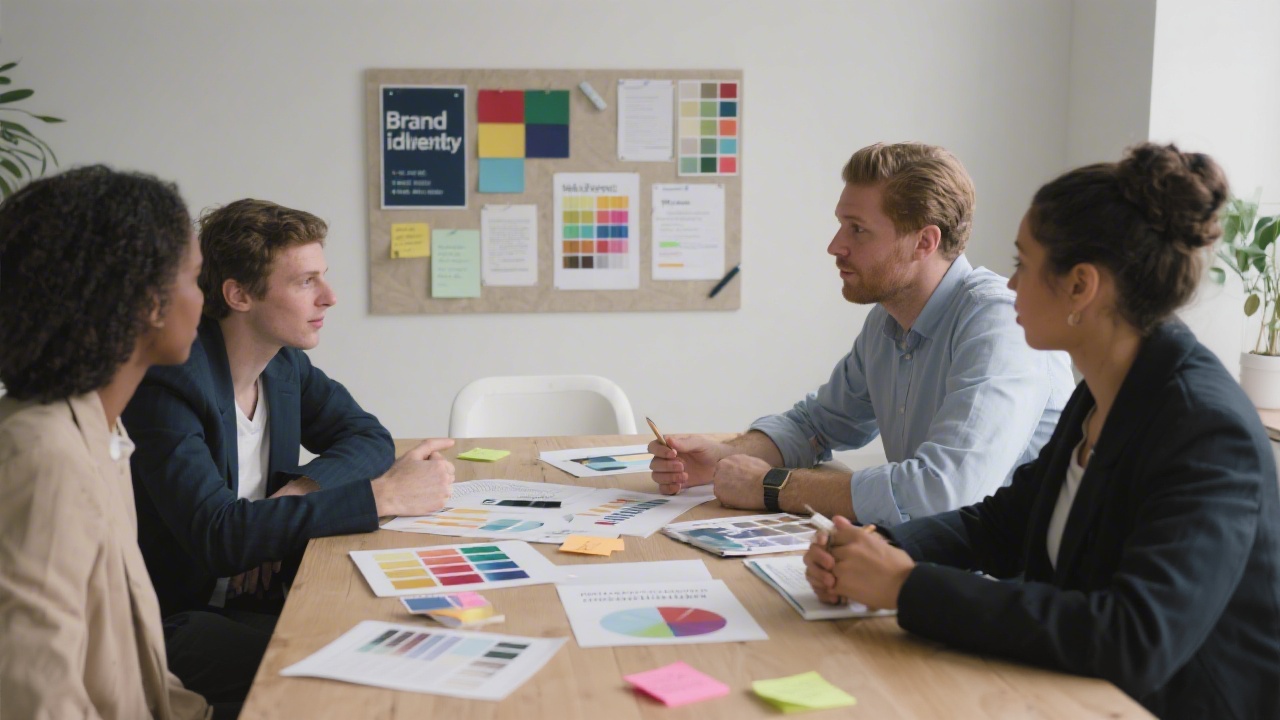 Marketing team discussing brand identity with printed moodboards, color palettes and messaging notes on a table, illustrating structured brand strategy work