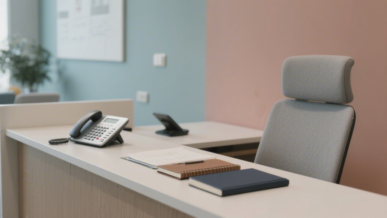 Professional office reception with neutral colors, a desk with notebooks and a phone, representing a calm and accessible contact point for business clients