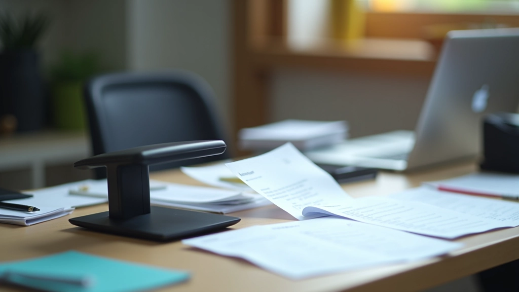 Přenosný skener na papíry vedle haldy účtenek a faktury na psacím stole s laptopem