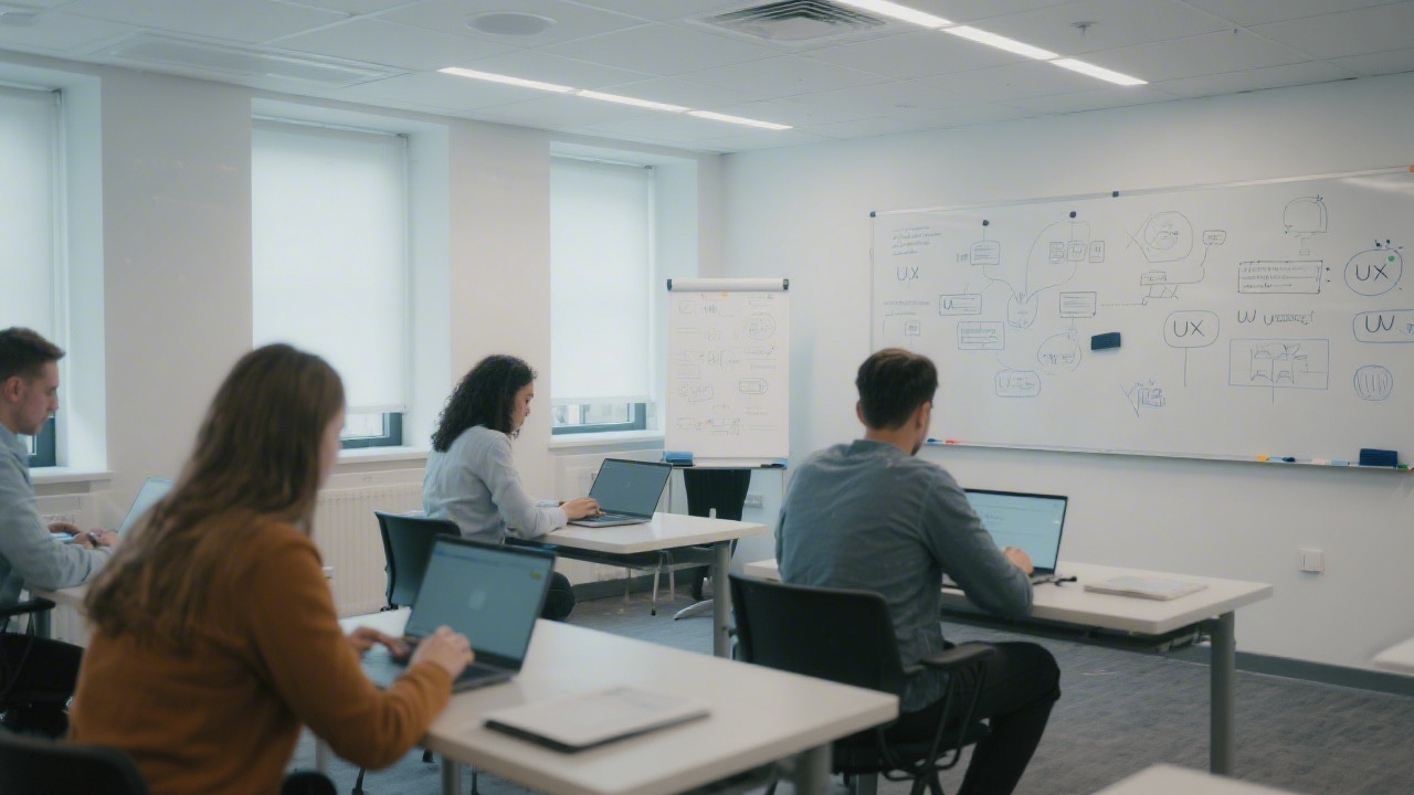 Modern training classroom with students working on laptops, soft lighting, whiteboards with UX diagrams, minimal decor and a calm, focused learning environment