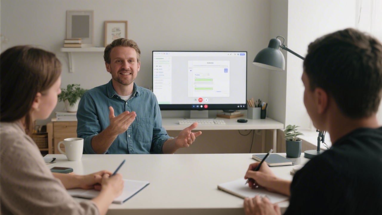 Instructor on a video call with shared screen showing a UI layout, participants taking notes, home office setting with minimal desk items