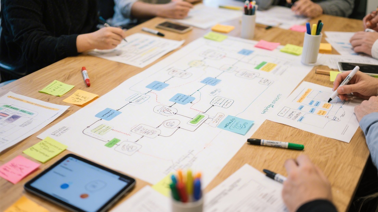 Workshop table with printed user journey maps, sticky notes, markers and a tablet showing a user flow, illustrating collaborative UX research and synthesis