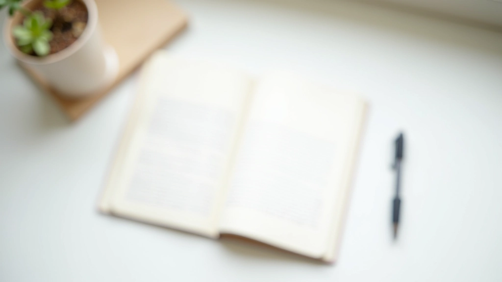 Notebook with pen and reflection prompts, minimalist desk setup, soft natural lighting