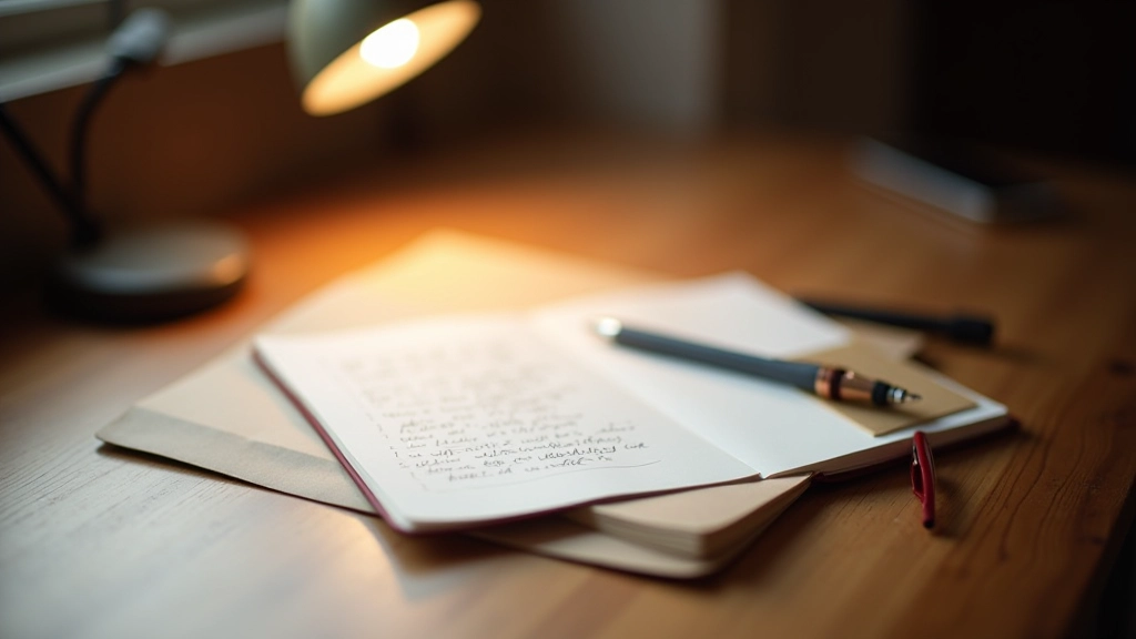 Close-up of open notebook with handwritten reflective notes, pen resting on page, warm desk lighting