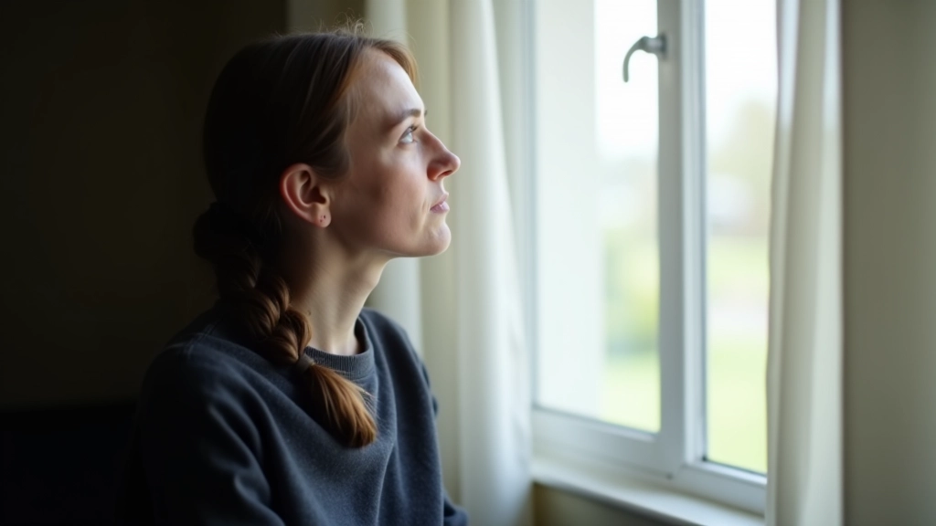 Person looking thoughtfully out large window, natural daylight, contemplative posture, professional setting