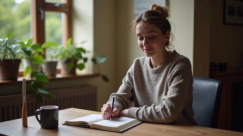 Person writing in journal with coffee on desk, warm natural lighting from window, focused expression
