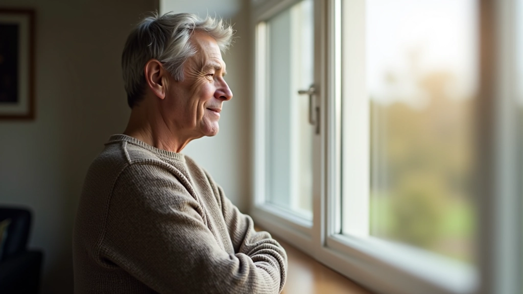 Person looking out large window with confident posture, morning light, peaceful expression of reflection and possibility