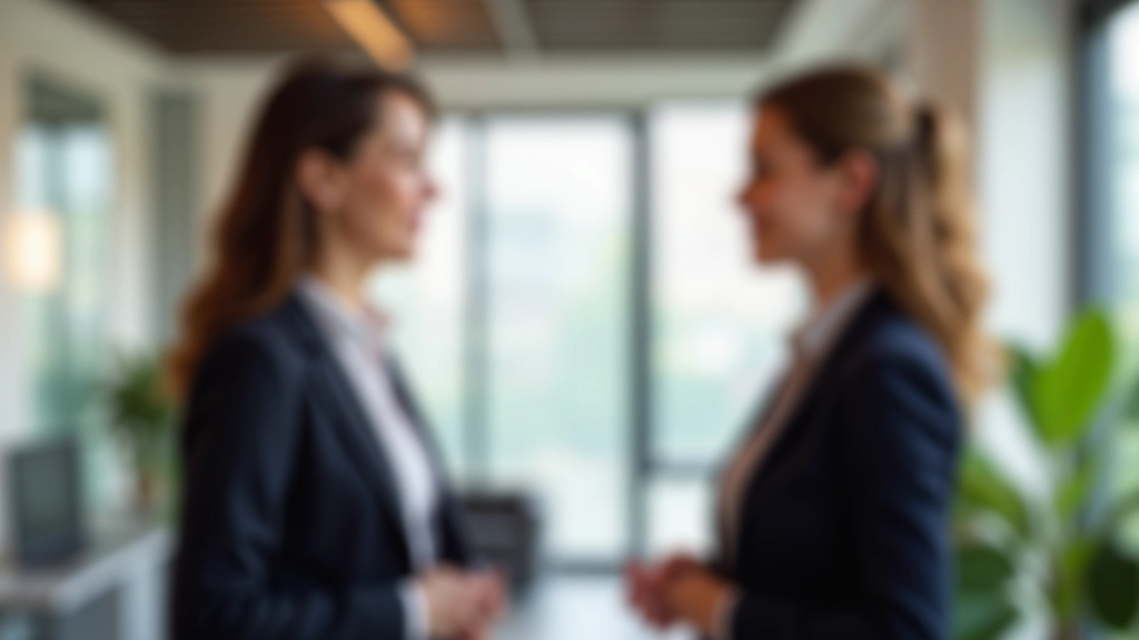 Two colleagues in professional setting having conversation, engaged and listening intently, modern office background