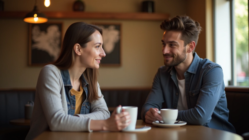 Two people in conversation across table with tea cups, engaged discussion, natural indoor lighting, warm atmosphere