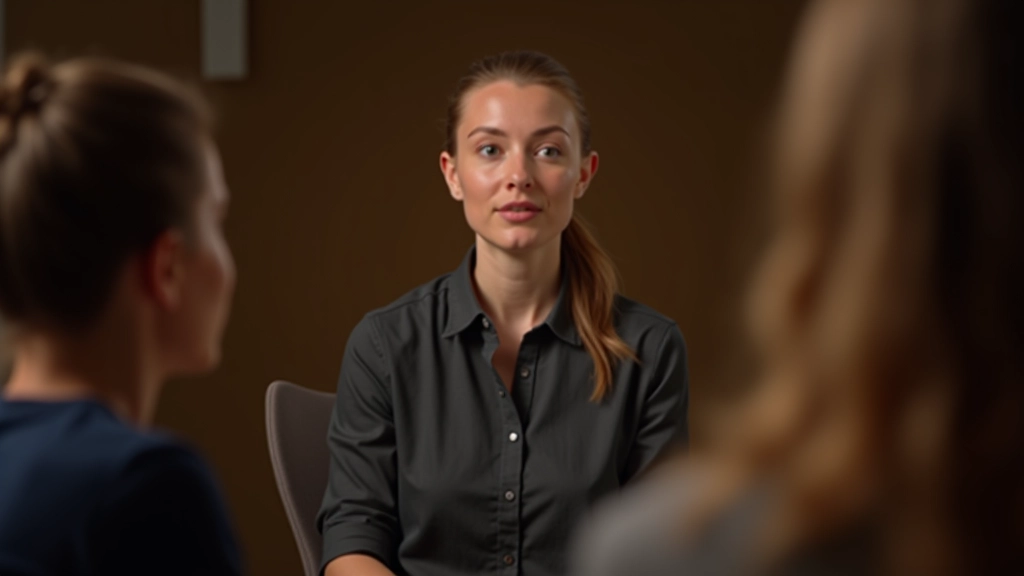 Person speaking thoughtfully in group setting, hand gestures, genuine expression