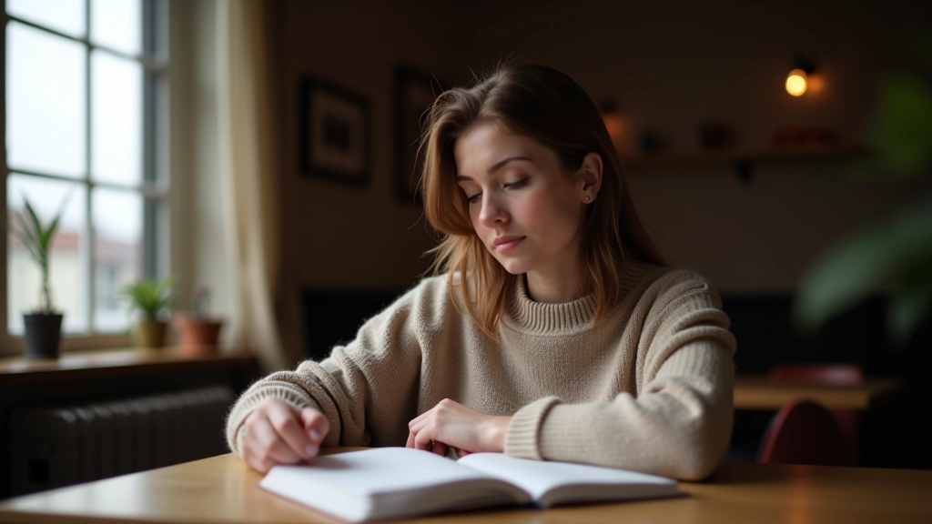 Woman sitting at wooden table with journal and pen, thoughtful expression, morning light through window, exploring self-reflection and personal narratives