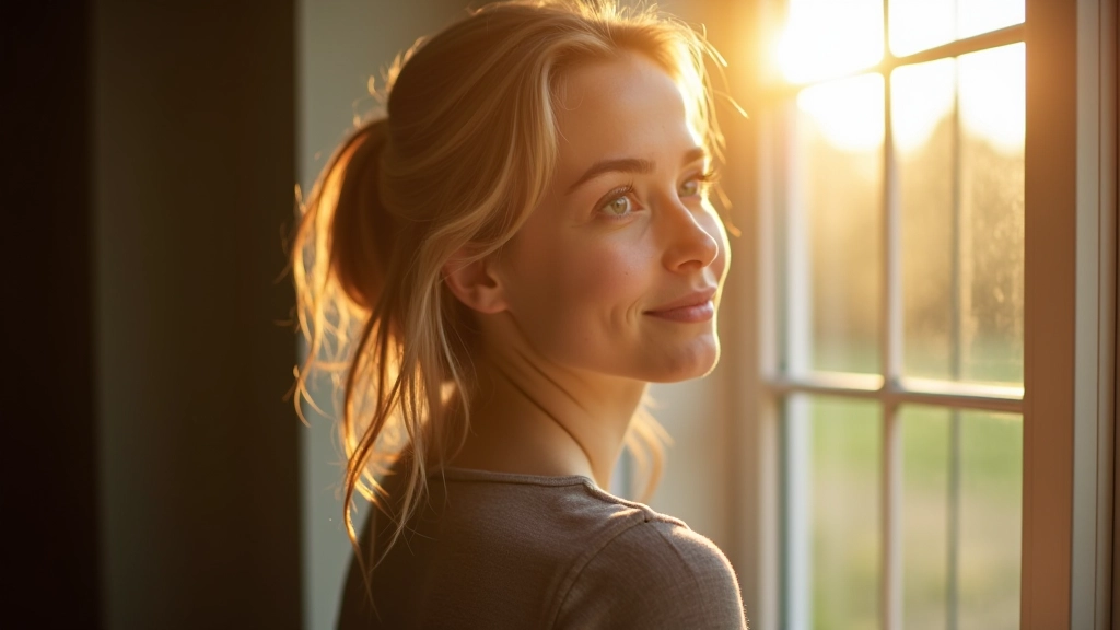Woman looking out window with confident expression, natural light