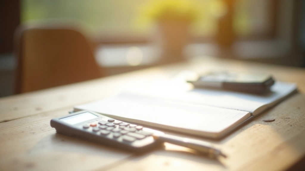 Pracovní plocha s poznámkovým blokem, perem a kalkulačkou na dřevěném stole