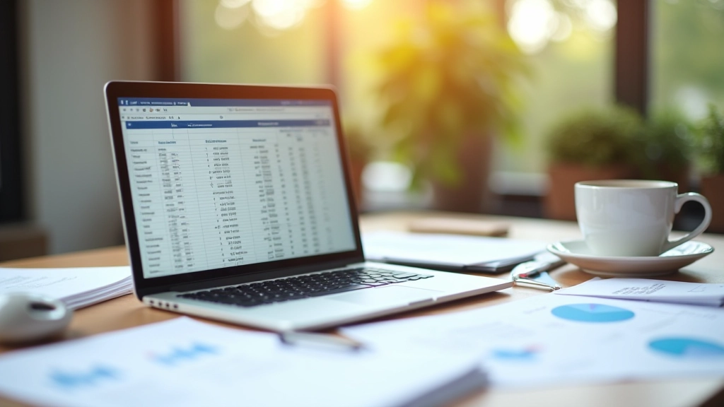 Pracovní stůl s notebookem, papíry a financemi
